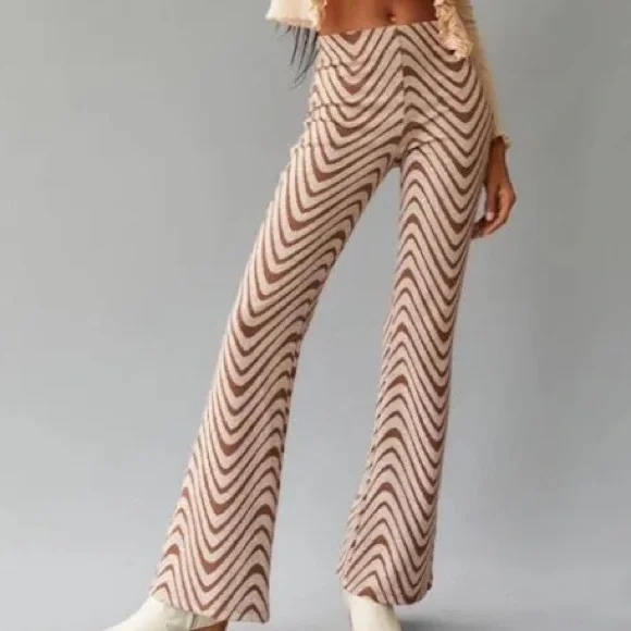 Urban Outfitters Cream and Brown Zigzag Flare Pants - Picture 1 of 5